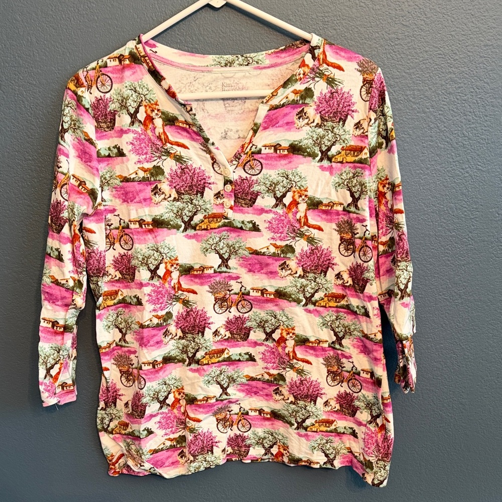Kim Rogers Women’s Pink Floral Scenic Top Size S 100% Cotton